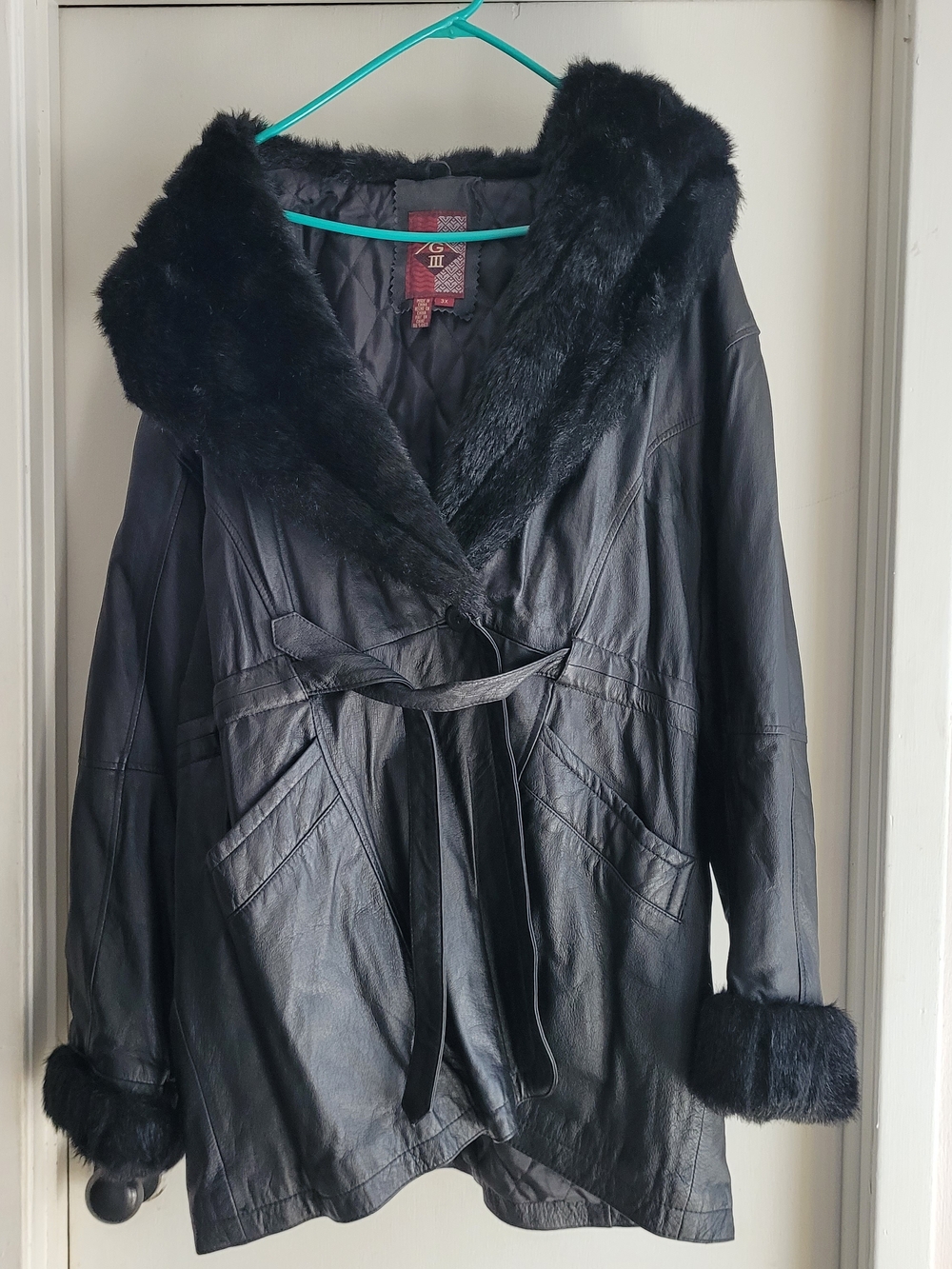 Black Faux-Fur Trim Cowl Hooded Leather Coat - Women